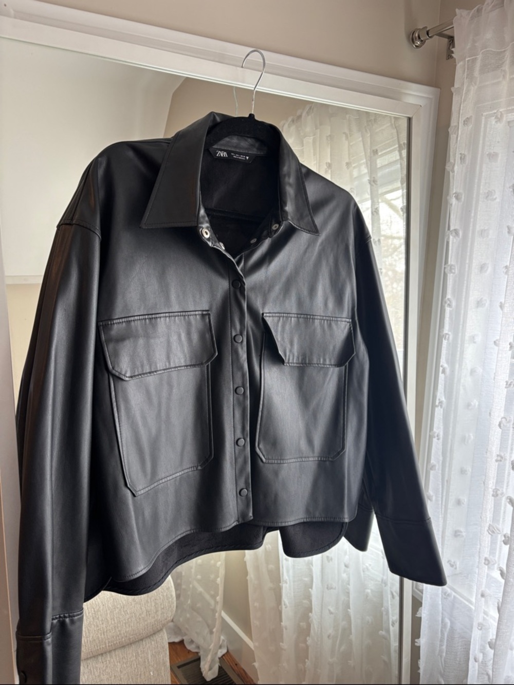 Zara Black Faux Leather Snap-Front Jacket